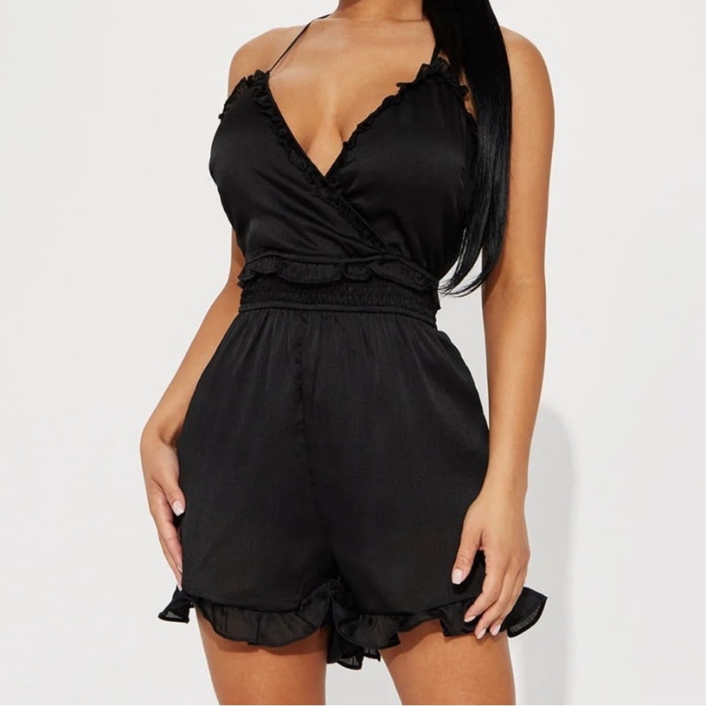Black Romper with Plunging V-Neck and Spaghetti Straps